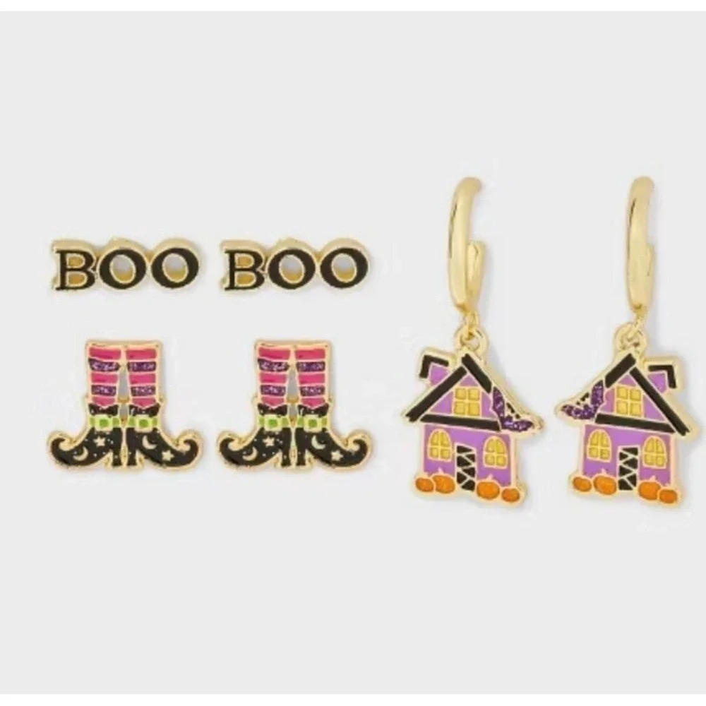 Baublebar Sugarfix Halloween Witch Boots Boo Sign Haunted House Earrings Set